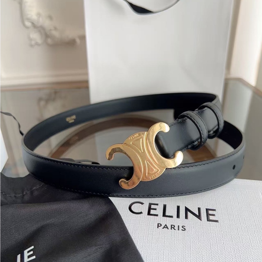 Celine Triomphe Black Leather Belt Gold Tone Buckle